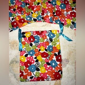 7 Brighton Multicolor Floral Drawstring Bags / Pouches with Teal Ribbon